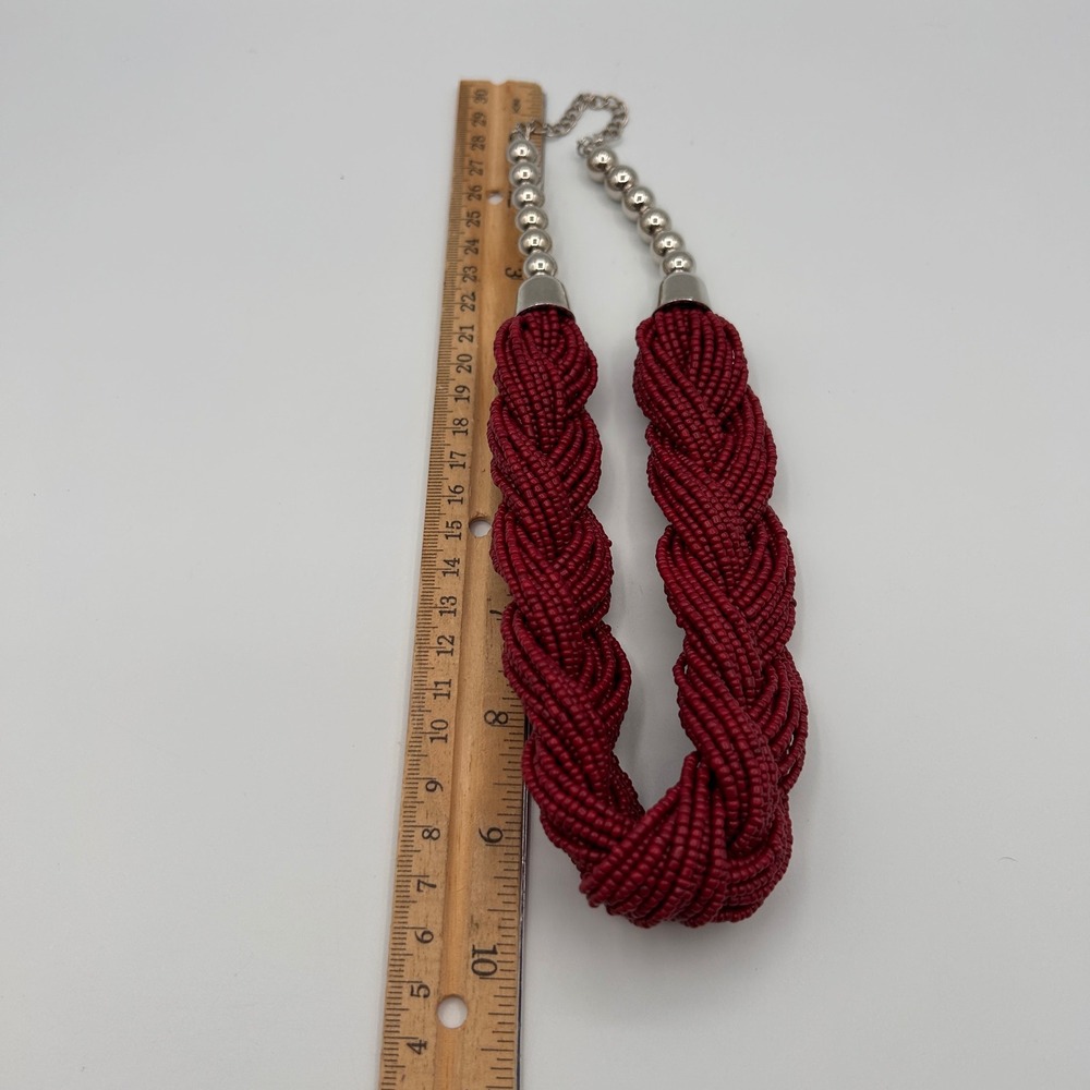 Chunky Red‎ Braided Seed Bead Statement Necklace Silver Tone Ball Bead Accent - Picture 7 of 7